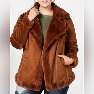 STYLE & CO Faux-Shearling Moto Jacket Size Large Color Mocha